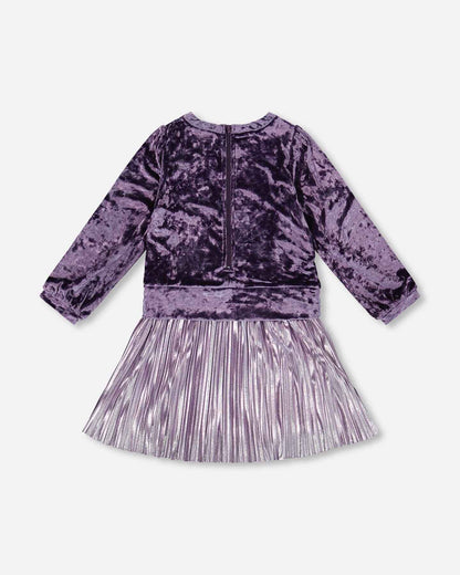 Long Sleeve Bi-Material Velour And Jersey Dress Purple Gray