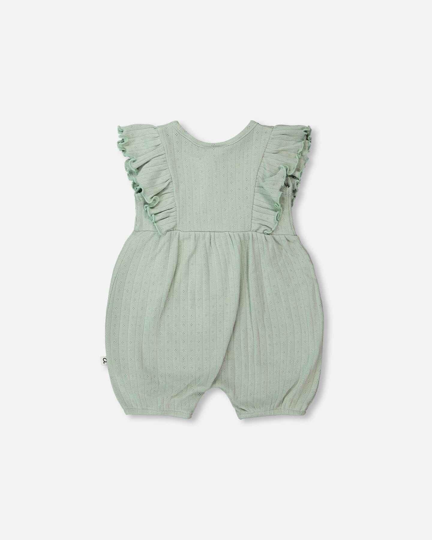 Cotton Pointelle Jersey Romper With Frills Green