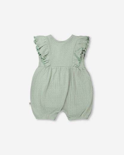 Cotton Pointelle Jersey Romper With Frills Green