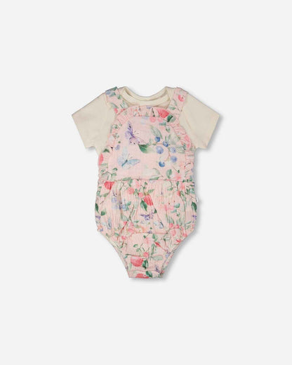 Organic Cotton Jersey Onesie And Muslin Overall Set White And Pink Printed Berries