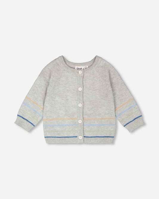 Cotton Knit Striped Button Front Cardigan Light Heather Grey