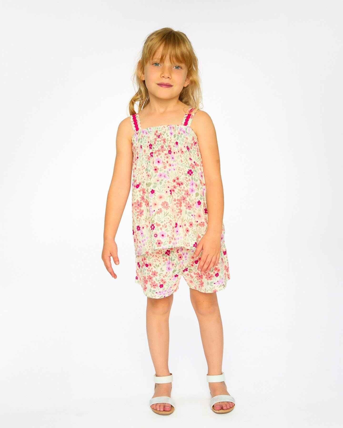 Tank Top With Smocking And Shorts Set In Muslin Off White Printed Flowers