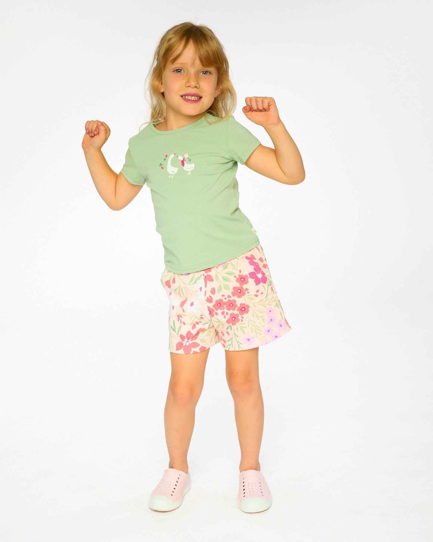 French Terry Shorts Pink Printed Flowers