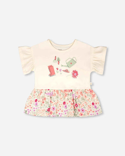 Organic Cotton Bi-Material Tunic Beige Flowers Print