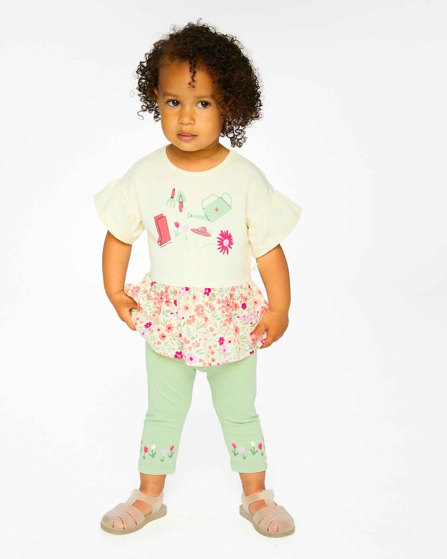 Organic Cotton Bi-Material Tunic Beige Flowers Print