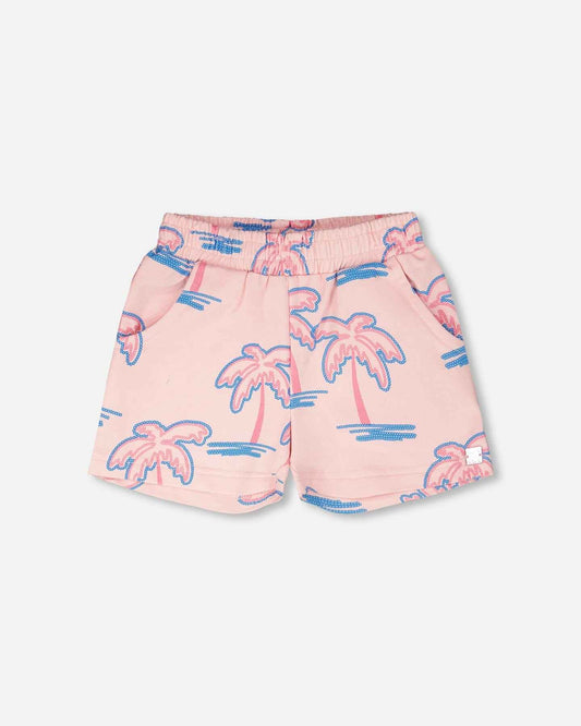 French Terry Shorts Light Pink Palm Print