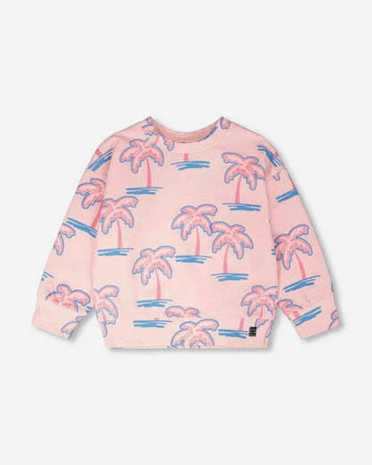 French Terry Sweatshirt Light Pink Palm Print