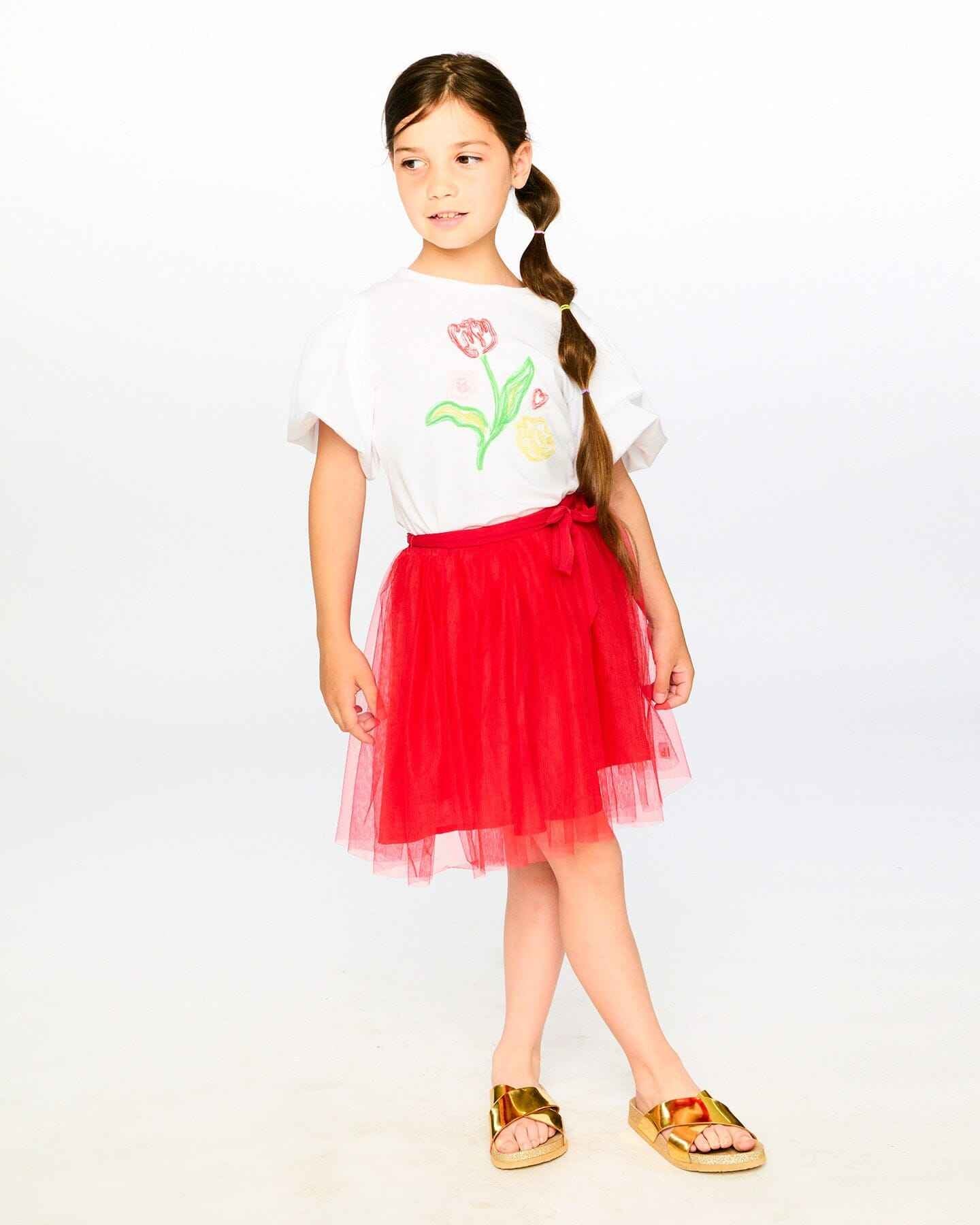 Mesh And Eyelet Skirt Red