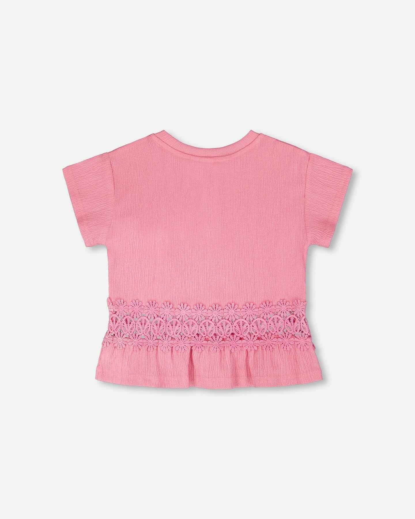 Crinkle Jersey Long T-Shirt With Crochet Insert Pink