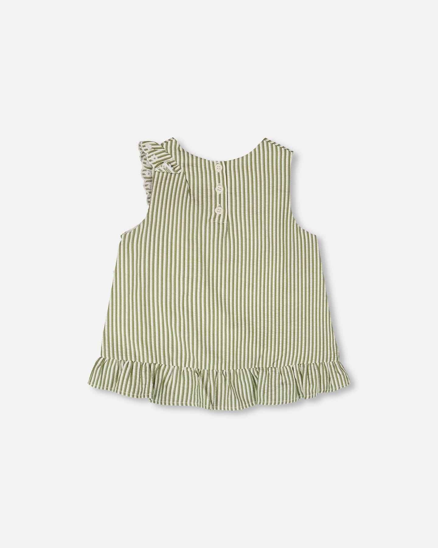 Top Green & Off White Stripes With Embroidered Ruffle
