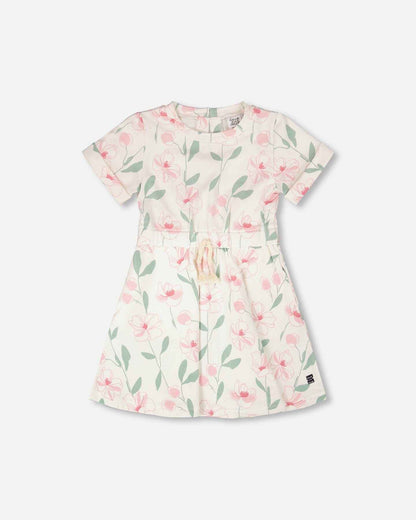 French Terry Dress Off White Printed Flowers