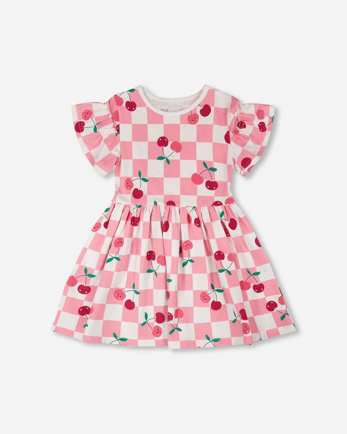 Organic Cotton Jersey Dress Pink Printed Cherries