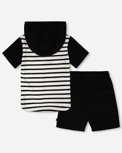 Hooded Terry T-Shirt With Shorts Set Black And White Stripes
