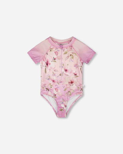 One-Piece Swimsuit Purple Flower Print