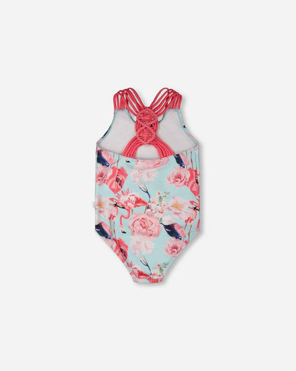 One-Piece Swimsuit Blue Flamingo Print