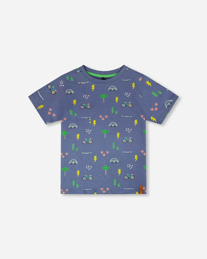 Organic Cotton Jersey T-Shirt Blue Bicycle Print