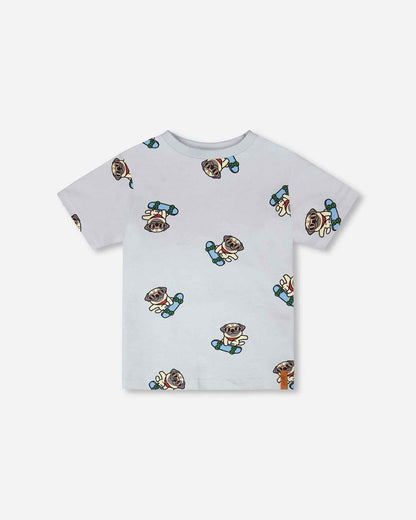 Organic Cotton Jersey T-Shirt Blue Pug Print