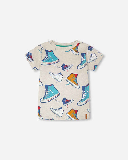 Organic Cotton Jersey T-Shirt Grey Mix Printed Shoes