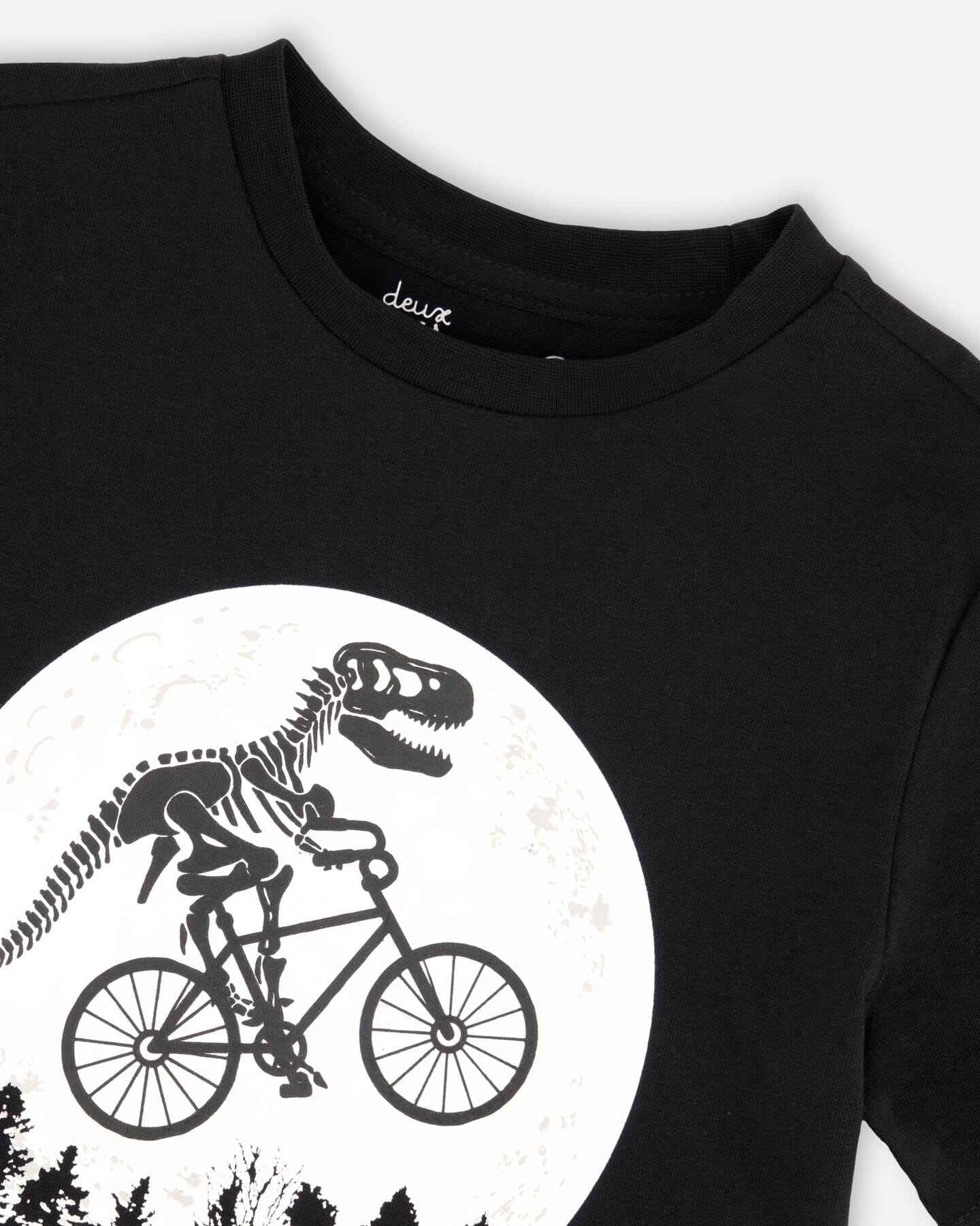 Glow In The Dark Organic Cotton Jersey T-Shirt With Dino On Bike Print Black