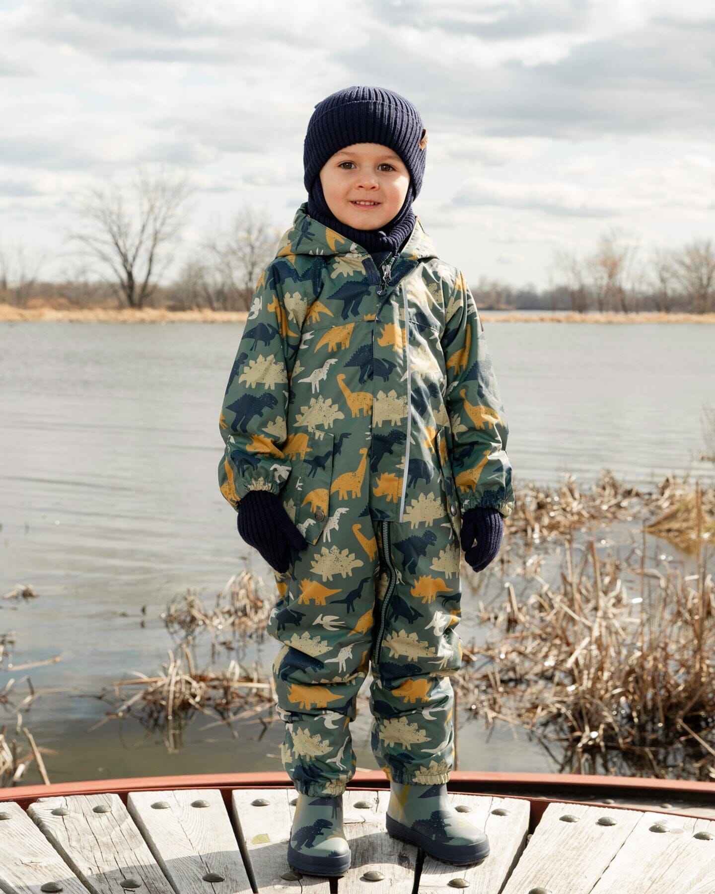 Baby Mid-Season One-Piece Outerwear With Hat Green Dinosaur Print