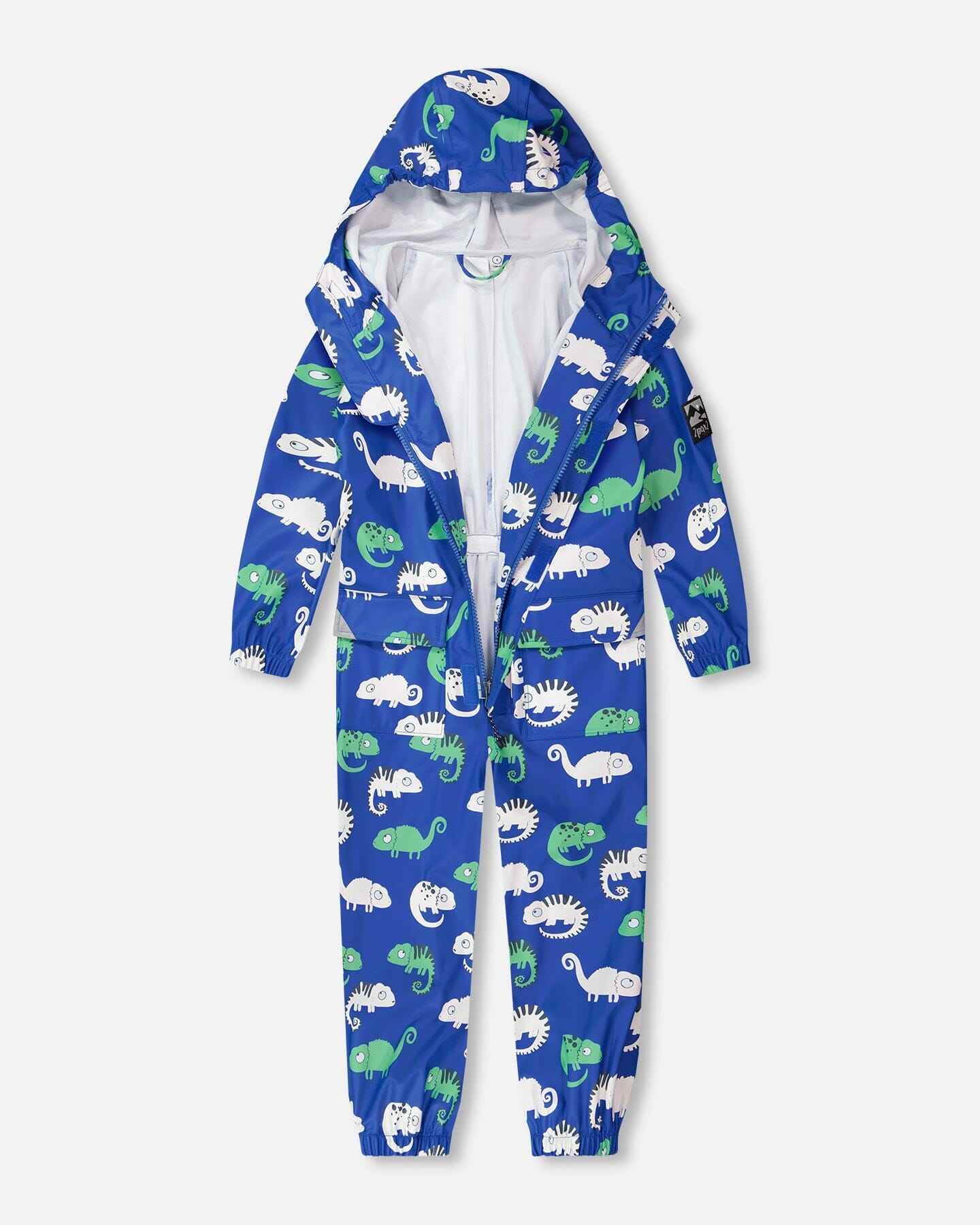 Blue rain jumpsuit with color-changing chameleon print
