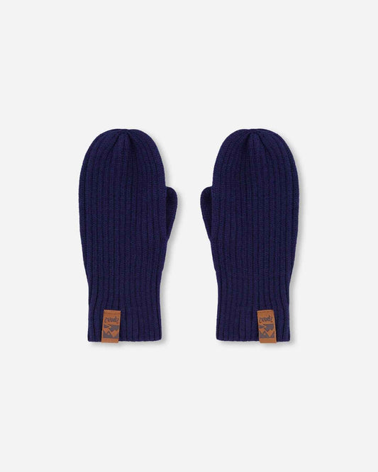 Ribbed Knit Mittens Navy Blue