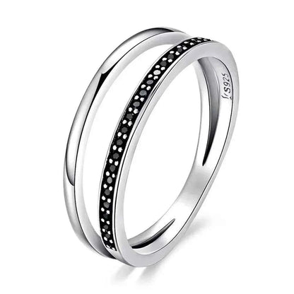 925 Sterling Silver Black & Clear Double Circle CZ Ring