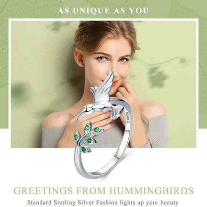 925 Sterling Silver Green Tree & Bird Open Ring
