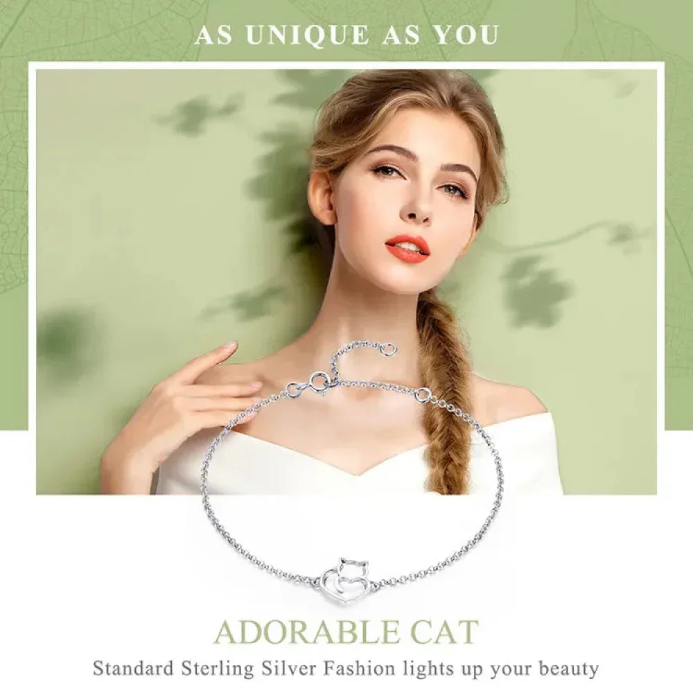 925 Sterling Silver Cat Heart Chain Bracelet