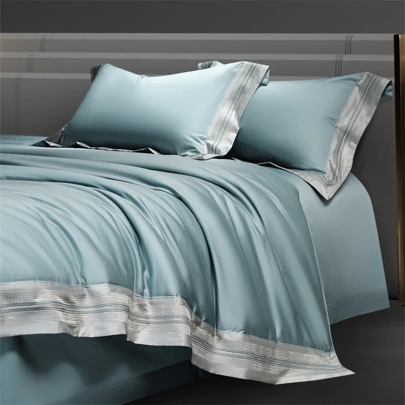 Heirloom Harmony Luxury Embroidered Egyptian Cotton 1000 TC Duvet Set - Aqua Blue/Champagne/Blush/Jade Green/Light Grey/Blue