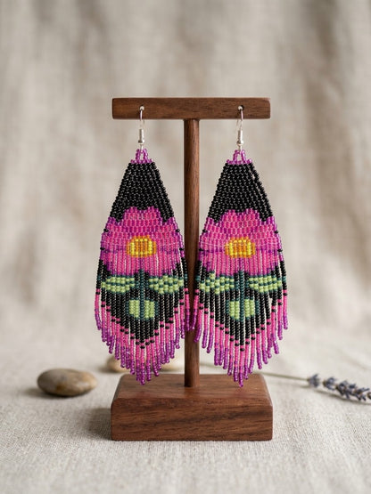 Flower Beaded Earrings ( Orange )