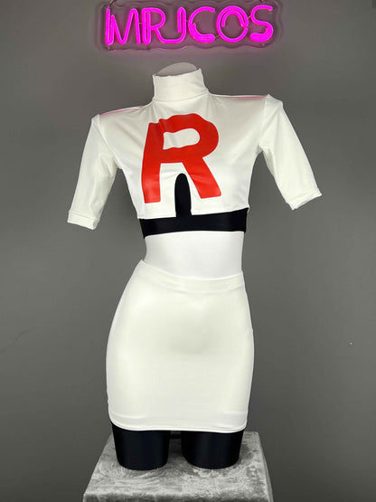 Anime Team Rocket Spandex Leather Cosplay Costume Set with Gloves and Skirt