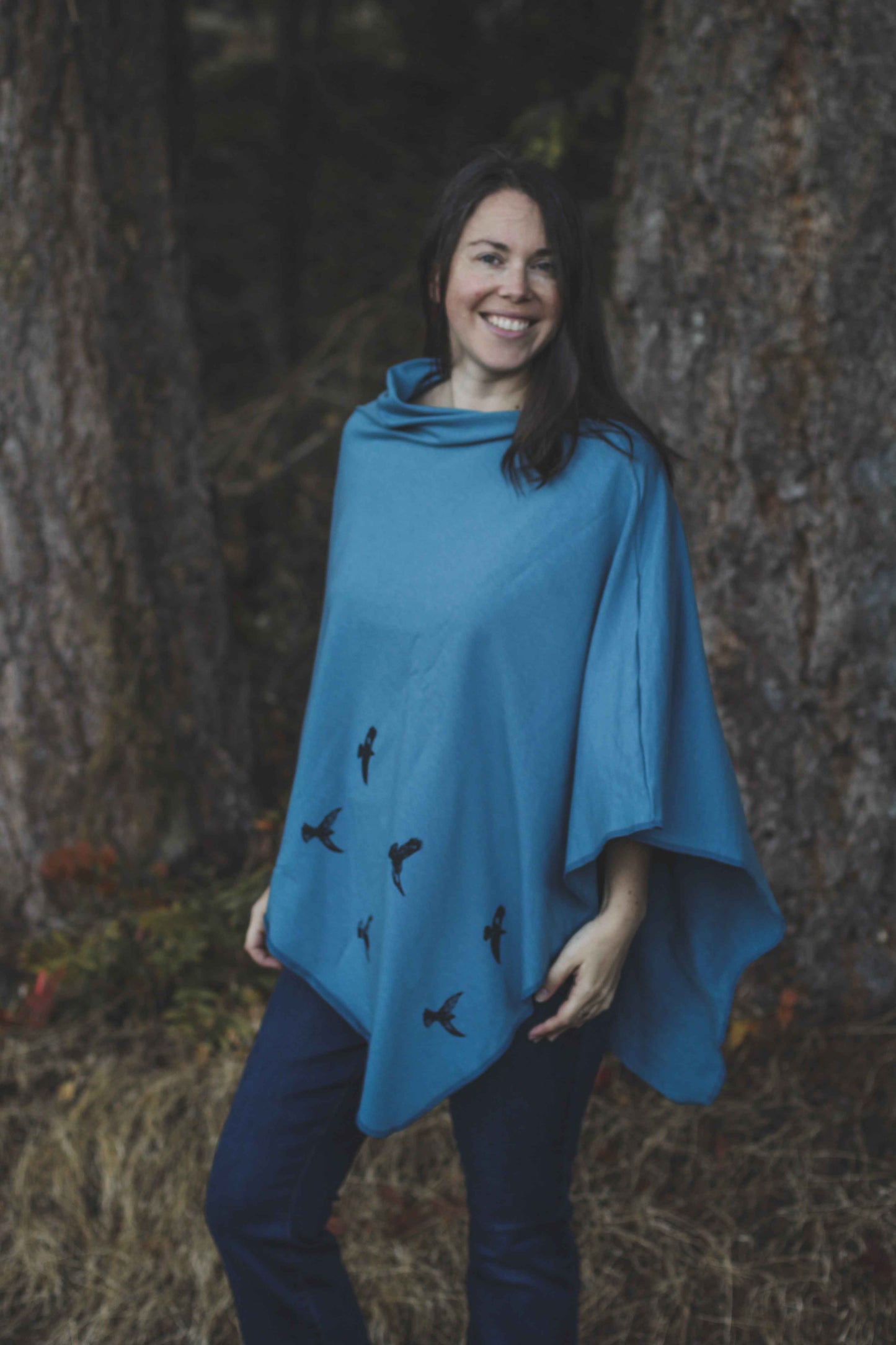 Stellar Blue Poncho with Birds Print
