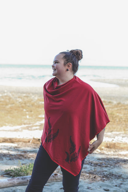 Scarlet Red Poncho with Fern Print