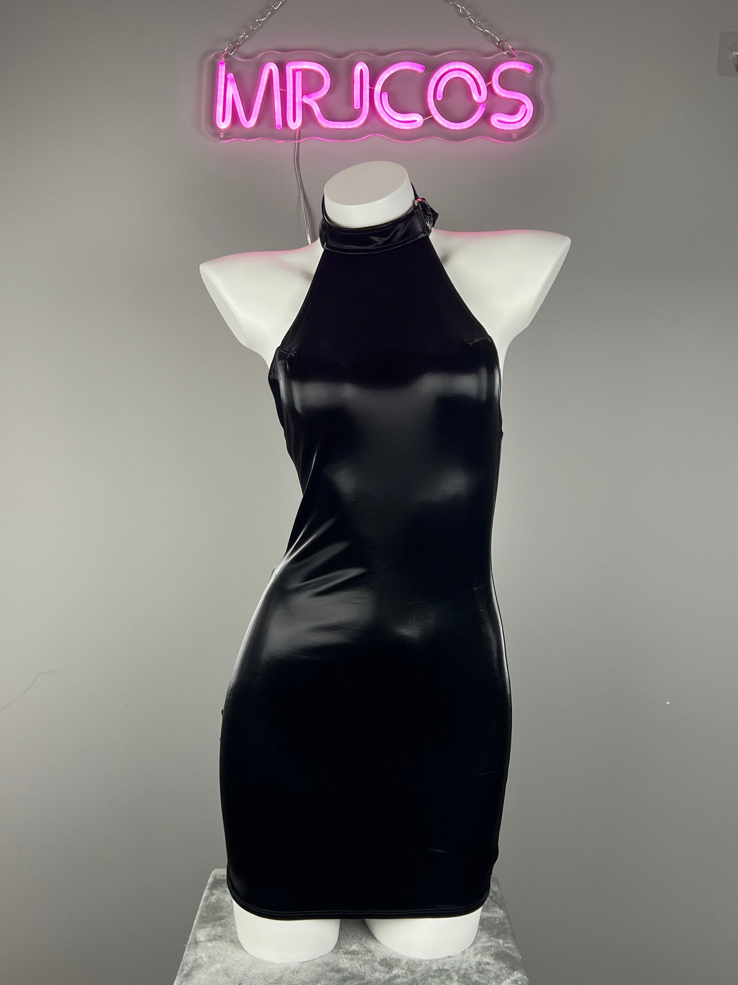Gothic Sleeveless PU Leather Halter Party Dress Lingerie
