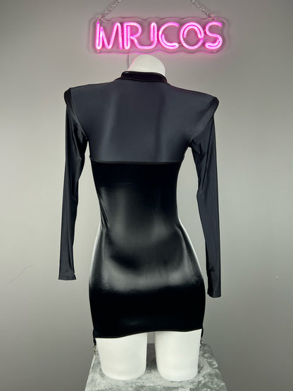 Gothic Long Sleeves Spandex Leather Garter Belt Tight Party Dress Lingerie