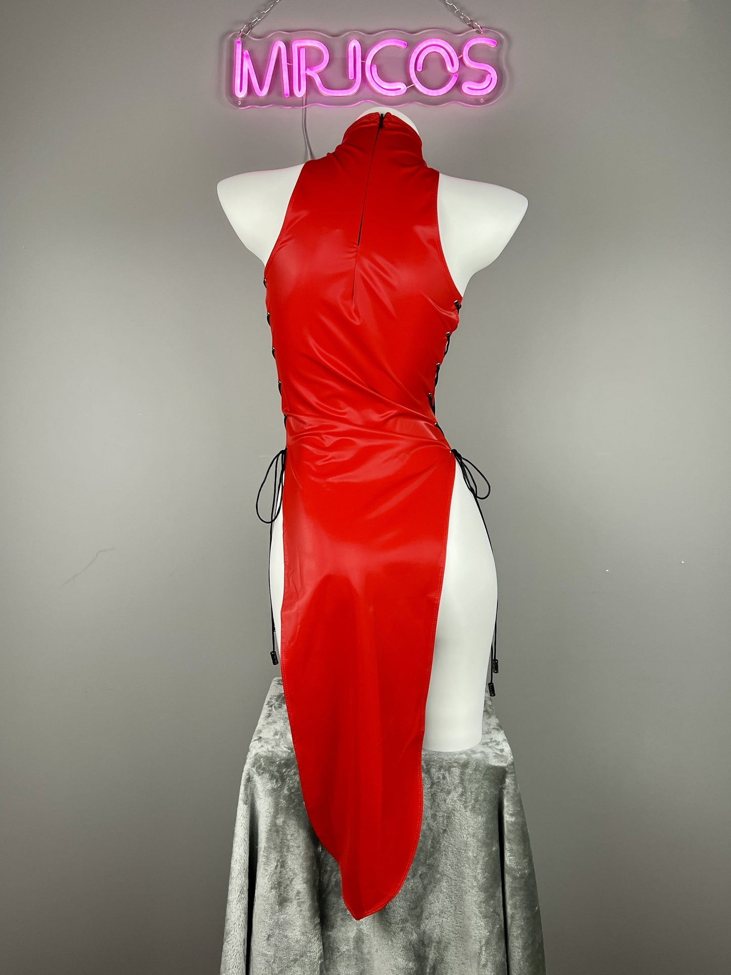 Vintage PU Leather Satin Cheongsam Lingerie Sexy Party Dress Costume