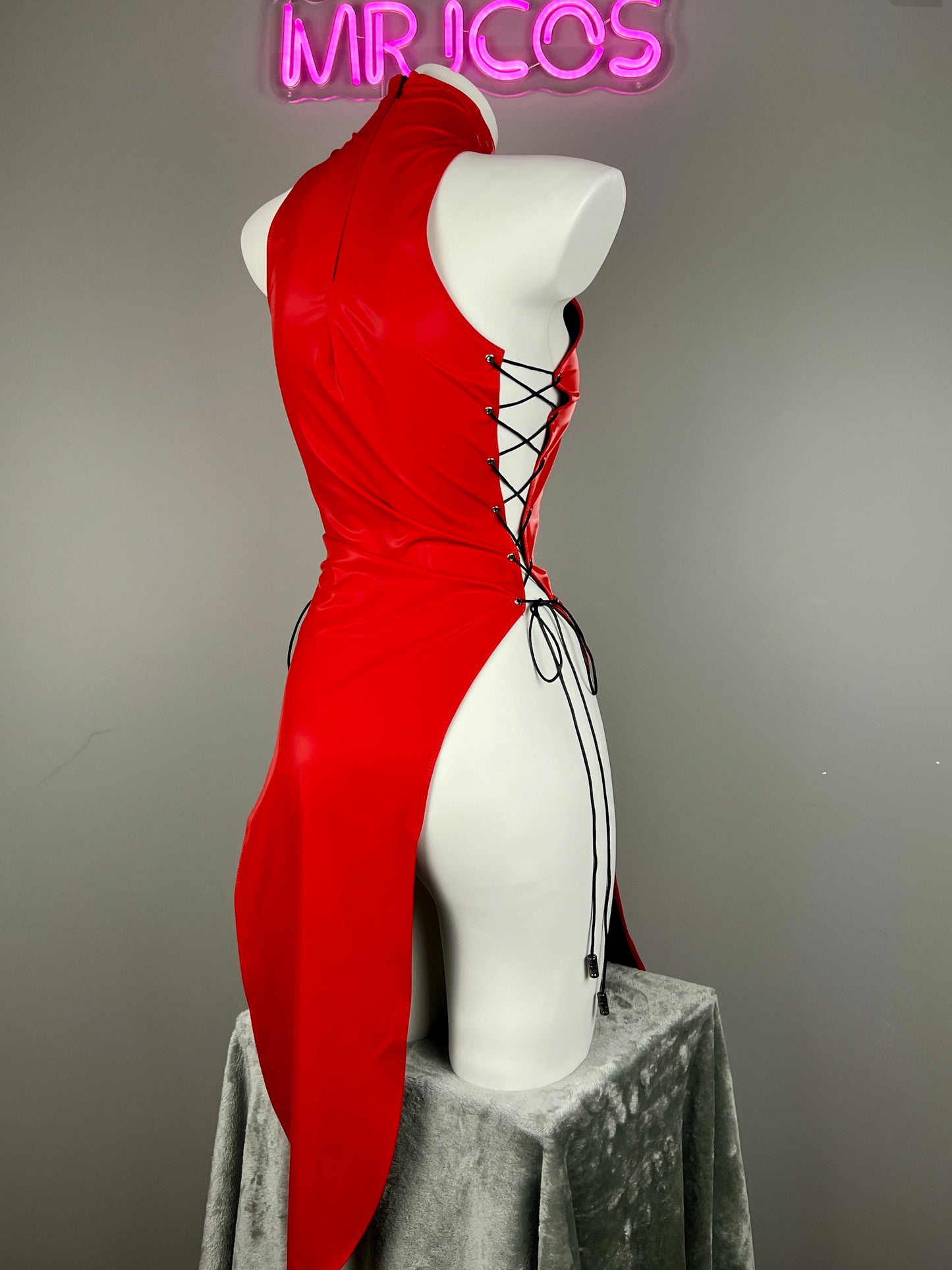 Vintage PU Leather Satin Cheongsam Lingerie Sexy Party Dress Costume