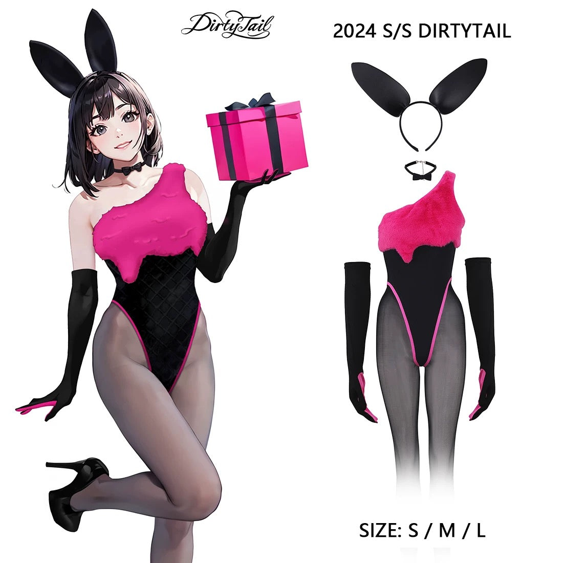 Anime Strawberry Ice Cream Style Bunny Girl Knitted Black Pink Bodysuit Lingerie Set