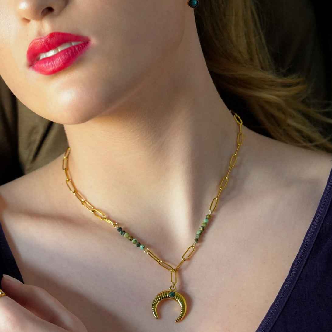 LILLE: Boho-Chic African Turquoise Natural Stone Crescent Moon Pendant Gold Necklace