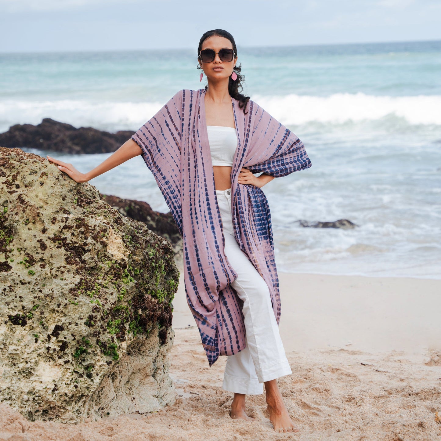 Simple Bone Tie Dye Kimono - Pink