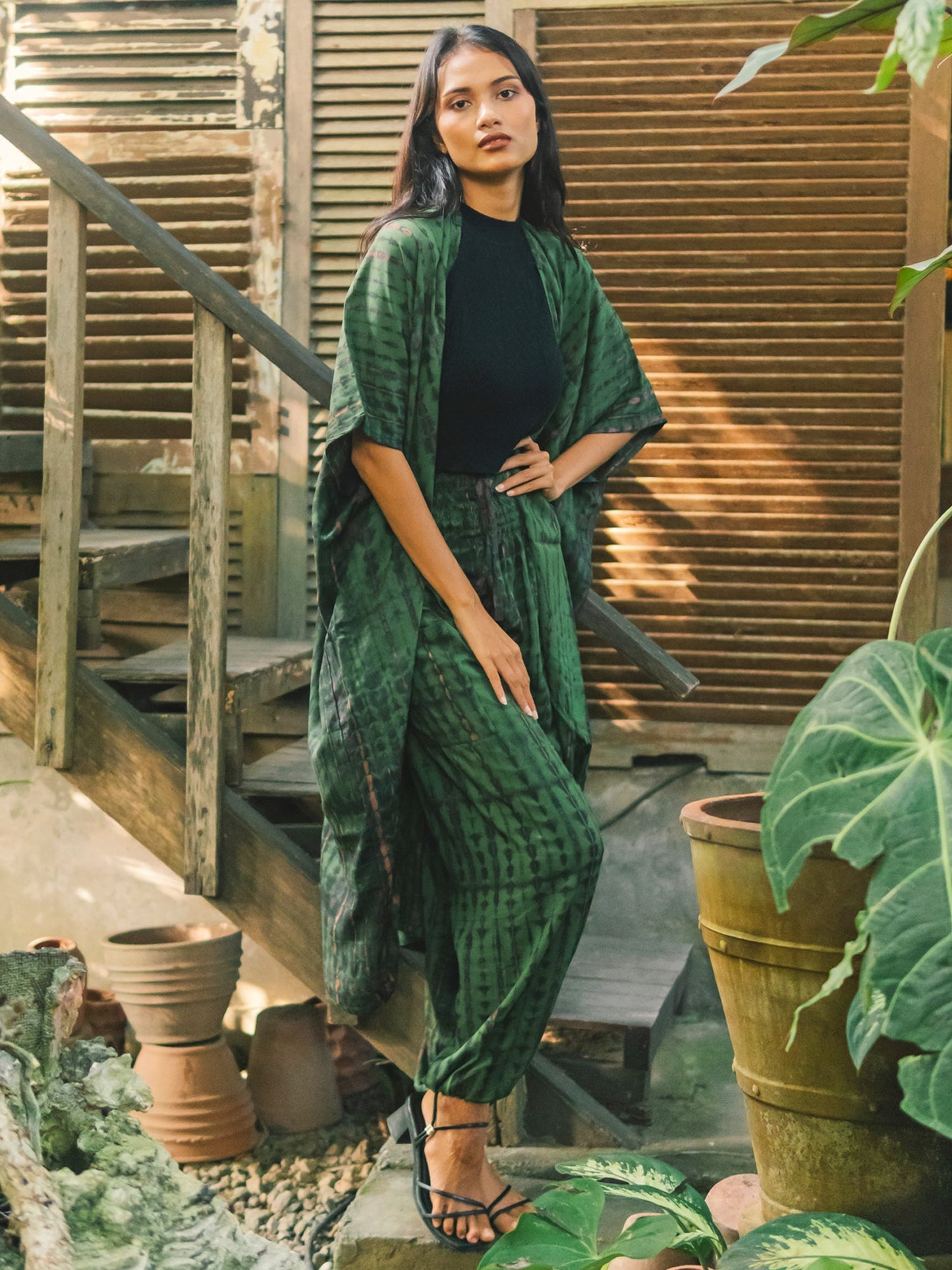 Tie Dye Long Kimono -Green & Gold