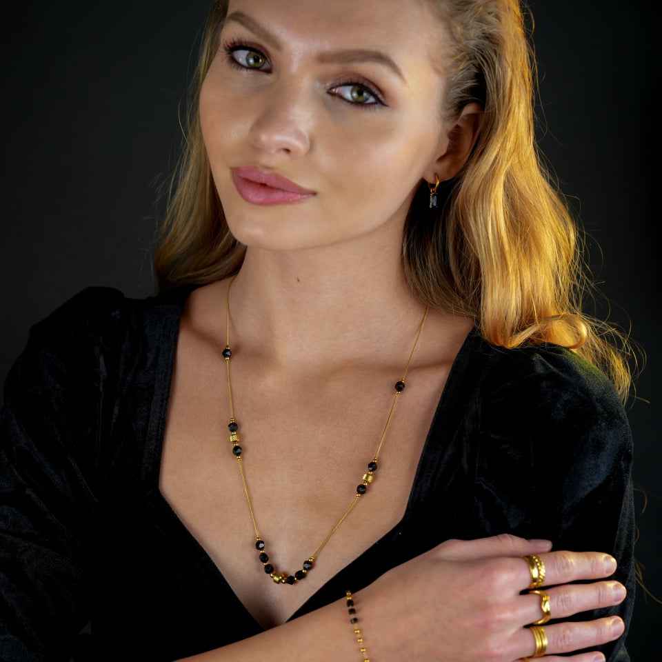 MARA Black Obsidian & Gold Beaded Chain Necklace