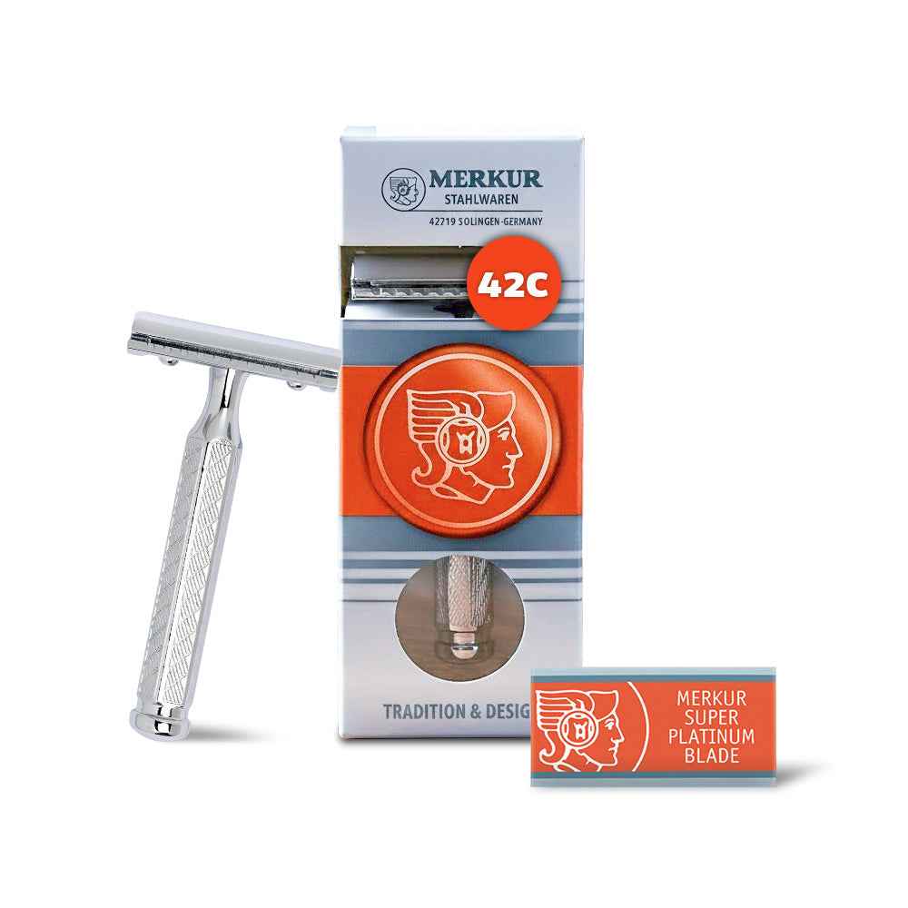 Merkur 42C 3-Piece DE Safety Razor, Closed Comb, Classic 1906 Etched Handle, Chrome