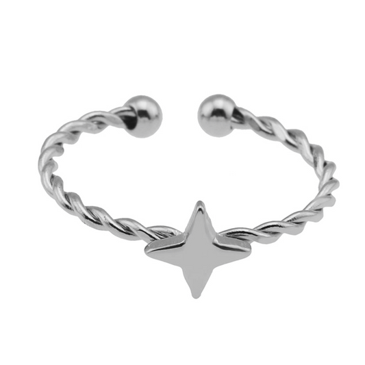 NICOLE Silver (White Gold): Textured Ring with a Four Point Star Centre Piece