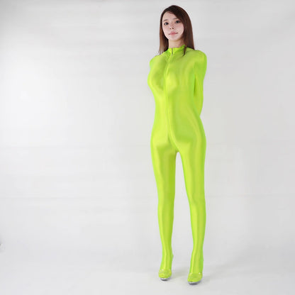 Extra Long Front Triple-Zipper Spandex Nylon Full Bodysuit Zentai Shinny Jumpsuit