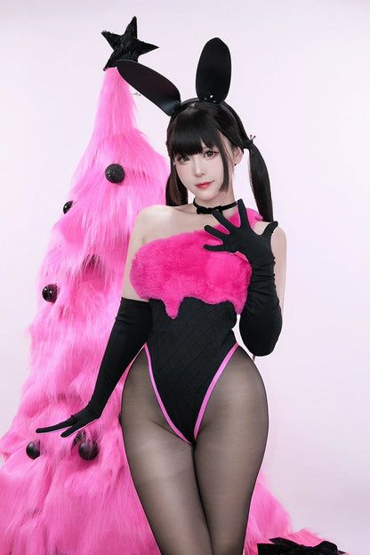 Anime Strawberry Ice Cream Style Bunny Girl Knitted Black Pink Bodysuit Lingerie Set