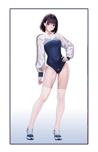 Anime Style Blue Spandex One-piece Swimsuit with Sheer Crop Jacket and Stockings