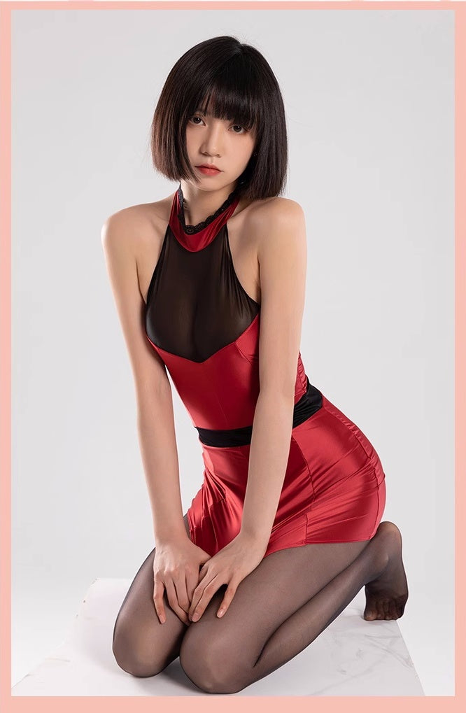 Satin Spandex Halter Sleeveless Short Dress Lingerie