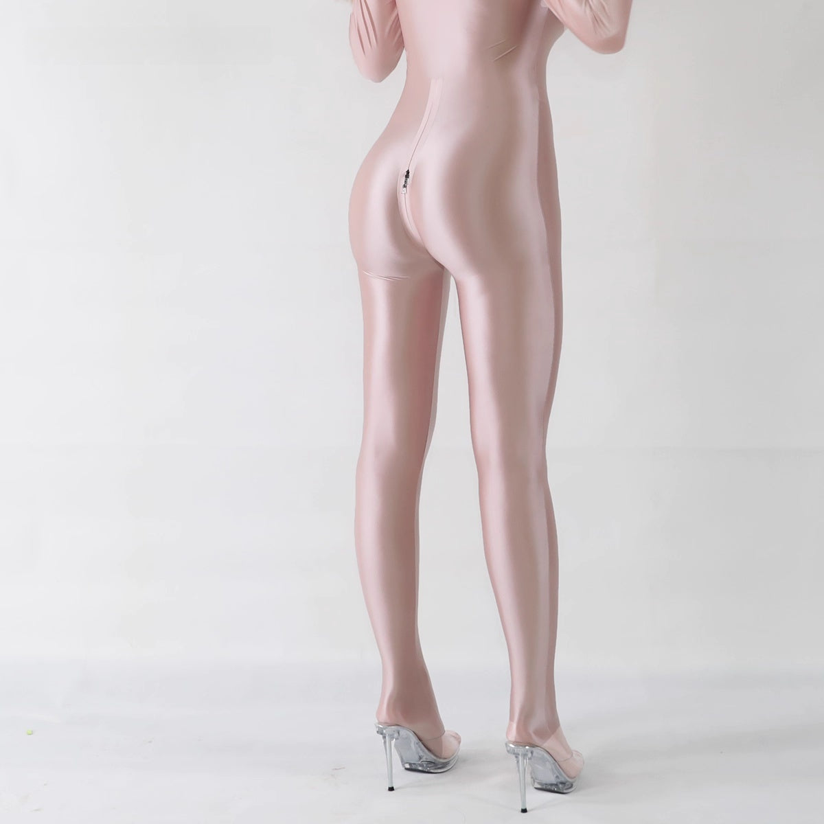 Extra Long Front Triple-Zipper Spandex Nylon Full Bodysuit Zentai Shinny Jumpsuit